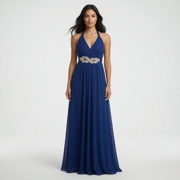 Fiestaware Dresses & Skirts - Fiesta Royal Blue/Navy Halter Maxi Dress with Jeweled Belt Size XL